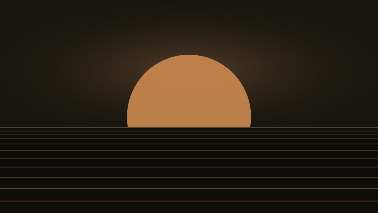 Un sol caramelo sube y baja despacio sobre un horizonte de líneas horizontales.